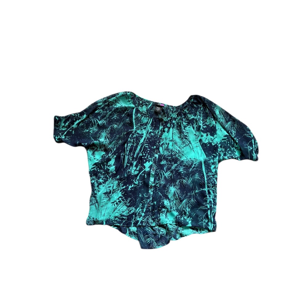 LYS Womens 1X Sheer Blouse Blue Green Tropical Print Button‎ Front Flowy